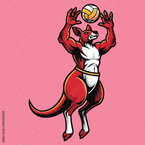 Athletic kangaroo playing volleyball in mid-air, showcasing power and agility in a dynamic sports illustration