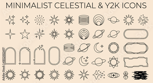 Minimalist Celestial and Y2K Style Icon Set on Beige Background