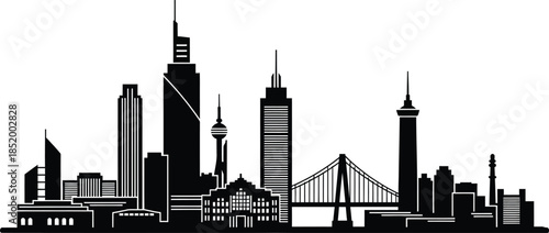 Black and White City Skyline Silhouette with Skyscraper Buildings and Suspension Bridge Architecture