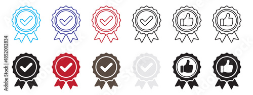 Quality assurance and satisfaction guarantee badge set with line and glyph icons