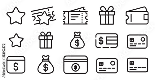 Loyalty program and rewards icons, set of star, medal, gift, crown, and diamond symbols