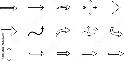 Directional Arrow Icon Set with Diverse Pointer Styles for Navigation, Flowcharts, and Web Design