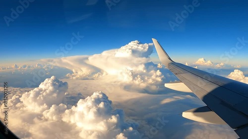 Aerial View of Clouds and Sky from Airplane Window.