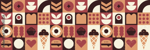 Fast food menu pattern with abstract mosaic dessert and burger design.