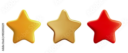 5 points star 3D icon. Red cute score, VIP gold bonus trophy. Rate balloon button vector. Review point yellow, golden Sticker render. Excellent rating, gradient bubble metal reward. Like luxury game