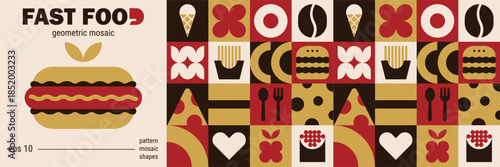 Modern fast food mosaic background for delicious meal poster.