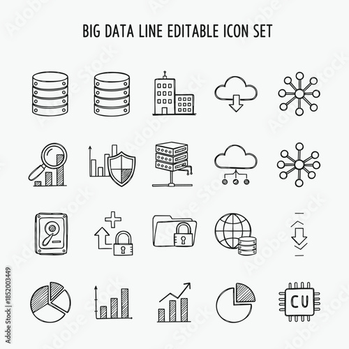 Big data line editable icons set. Data analytics symbols, database cloud storage processing visualization. Editable stroke. Vector illustration
