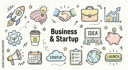 Business and startup doodle icons set. Entrepreneurship innovation symbols, strategy growth teamwork idea launch. Vector illustration