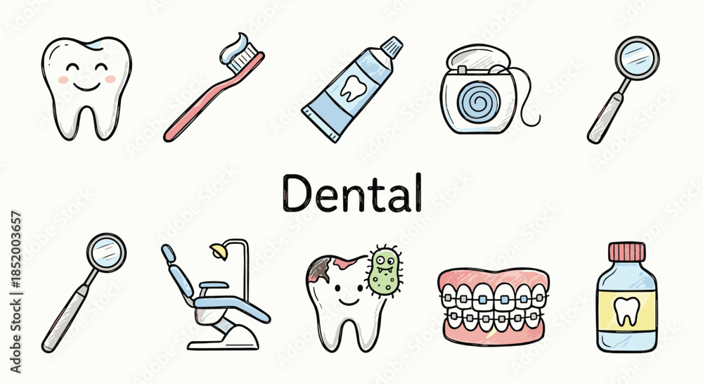 Fototapeta premium Dental doodle colorful icons set. Oral care health symbols, tooth hygiene treatment dentist clinic routine. Vector illustration