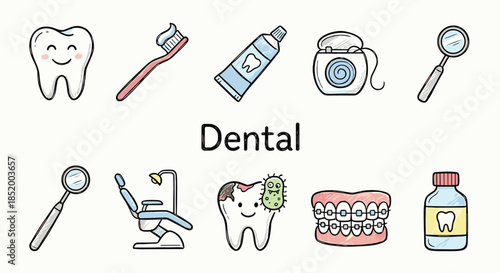 Dental doodle colorful icons set. Oral care health symbols, tooth hygiene treatment dentist clinic routine. Vector illustration