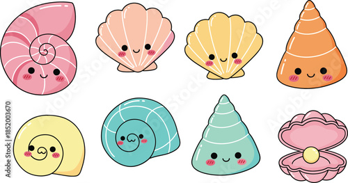 Cute beach seashell characters illustration set pastel kawaii style flat vector for kids design