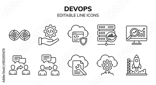 DevOps line doodle icons set. Software development operations symbols, CI CD automation cloud monitoring workflow. Vector illustration