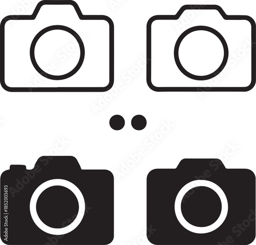 Isolated Camera Icons, Camera Black Minimal Vector Icons, Photo Camera UI Symbols, Four Identical Grid Layout Icons, Clean Modern App Web Photography Design Icons