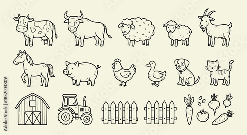Farm animals line editable icons set. Agriculture livestock symbols, cow pig chicken sheep horse rural farm. Editable stroke. Vector illustration