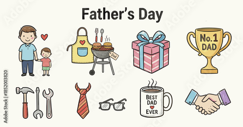 Father’s day doodle colorful icons set. Dad celebration symbols, family love gifts tools greeting holiday. Vector illustration