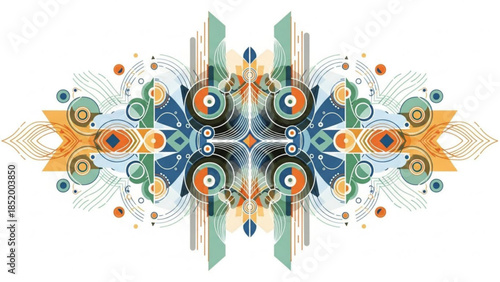 Vibrant abstract geometric pattern with symmetrical shapes and colorful circles on white