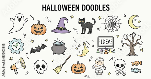 Halloween doodle colorful icons set. Spooky holiday symbols, pumpkin ghost witch costume candy celebration. Vector illustration