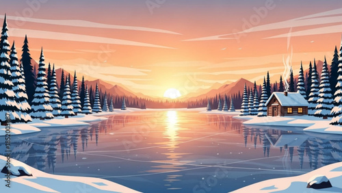 Cozy cabin on frozen lake at sunset surrounded by snow covered evergreen trees in winter