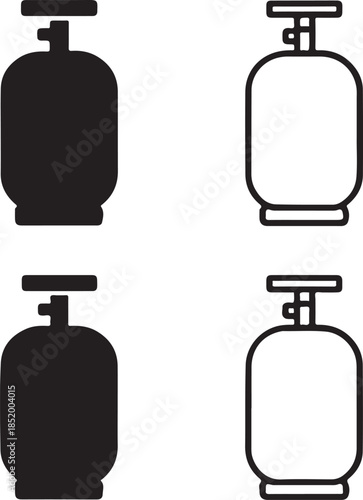 Isolated Gas Cylinder Icons, Gas Cylinder Black Minimal Vector Icons, Pressurized Tank UI Symbols, Four Identical Grid Layout Icons, Clean Modern App Web Safety Equipment Icons