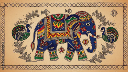 Colorful illustration of elephant with peacocks and floral patterns on beige background