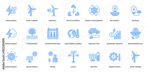 Renewable Energy Icon Collection Set. Containing wind energy, turbine, windmill, recycle, hydropower, geothermal, solar panels, biomass Icon. Simple Flat Vector. Lineal Blue Style