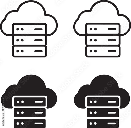 Isolated Cloud Server Icons, Cloud Server Black Minimal Vector Icons, Cloud Computing UI Symbols, Four Identical Grid Layout Icons, Clean Modern App Web Network Infrastructure Icons
