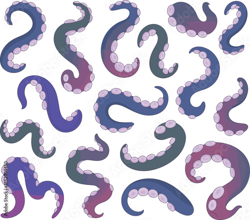 Octopus tentacle vector set, marine life, suction cups, underwater creature, vibrant colors, cartoon style, ocean illustration, abstract aquatic design