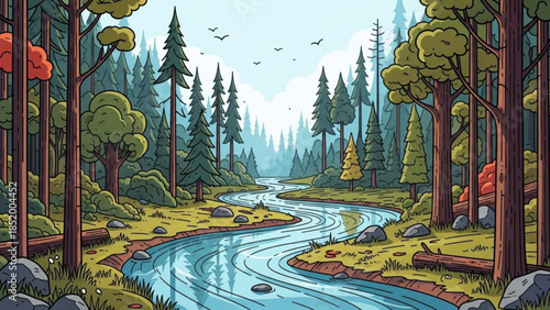 Serene forest landscape with winding river and tall trees under clear blue sky
