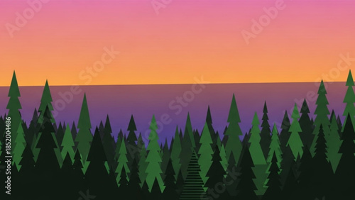 Serene forest landscape with stairs at dusk, vibrant colorful sky and silhouetted trees