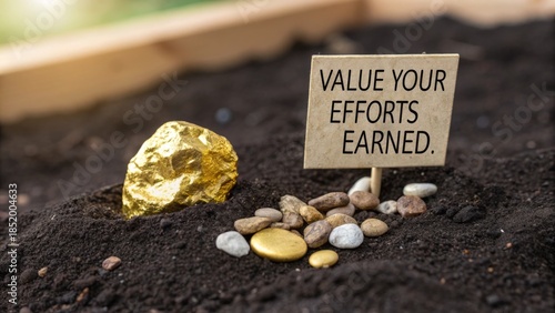 Gold nugget and sign indicating effort equals value in soil.