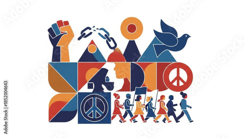 Vector illustration of diverse protesters marching for peace and freedom with broken chains