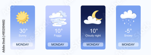 Mobile weather app interface design. Elements for weather forecast mobile app. Sunny, Foggy, Cloudy night and snowy. Vector illustration. Temperature, weather condition user interface generator.