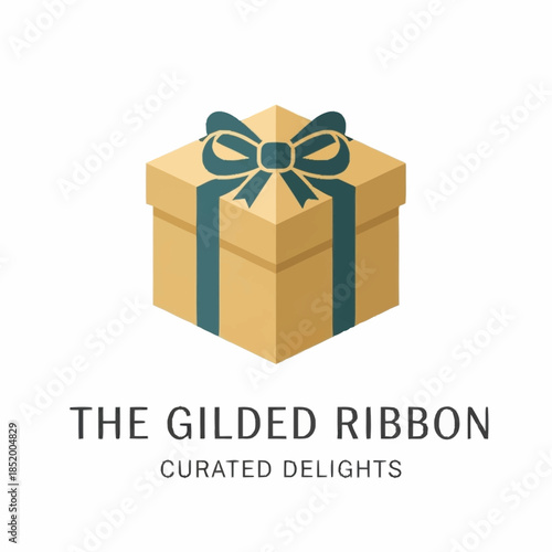 Isometric illustration of a golden gift box with a teal ribbon and bow, featuring the text 'The Gilded Ribbon Curated Delights'.