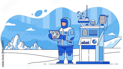 Arctic research astronaut beside a blue ice lab examining data at a remote polar station.