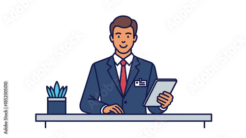 Professional businessman at a modern desk using a tablet in a polished office setting.