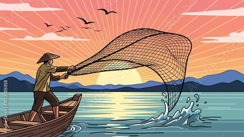 Fisherman Casting a Net from a Small Boat at Sunset on a Calm Lake.