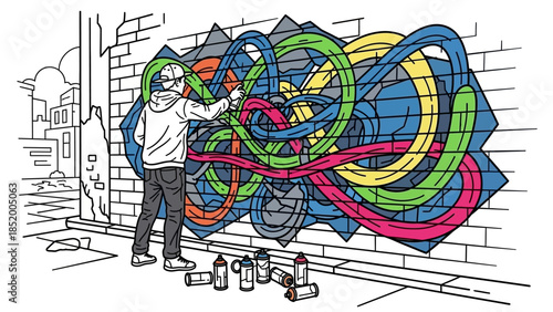 Urban graffiti mural with colorful tangled ribbons painted by a street artist on a brick wall.