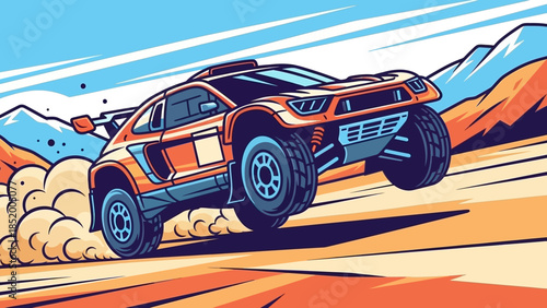 Cartoon off-road truck racing across sandy desert terrain under a bright blue sky and distant mountains.