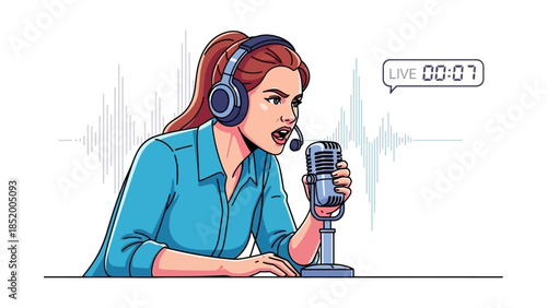 Podcaster in teal shirt with headset speaks into microphone at desk in a studio setting.