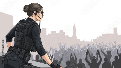 Female security officer monitors crowd at protest from behind barricade.