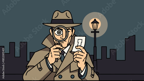 Cartoon Detective Under Night Sky Investigating Clues in a Quiet City.