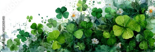 Watercolor background with lush green shamrocks and clover leaves, Saint Patrick’s Day nature botanical illustration