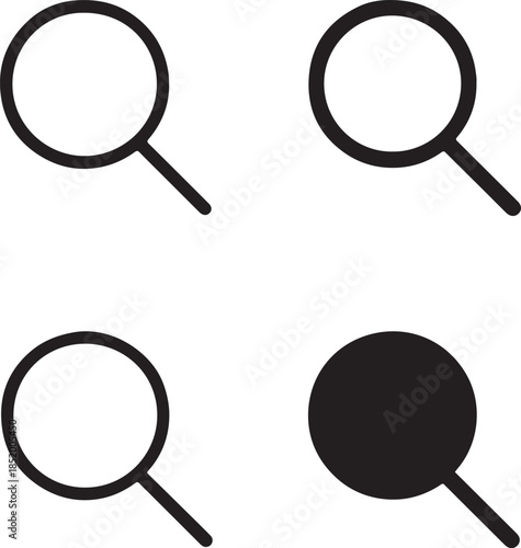 Isolated Magnifying Glass Icons, Magnifying Glass Black Minimal Vector Icons, Search Loupe UI Symbols, Four Identical Grid Layout Icons, Clean Modern App Web Research Tool Design Icons