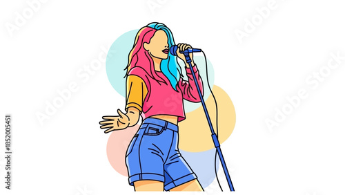 Energetic Illustration of a Female Singer Performing on Stage in Colorful Outfit.