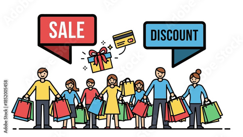 Vibrant group of shoppers in a busy street market showcasing sales, discounts, and colorful storefronts.