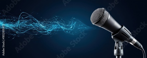 Professional microphone with dynamic sound waves and blue glow