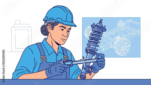 Illustration of a construction engineer wearing a helmet and working with a mechanical component and blueprint.