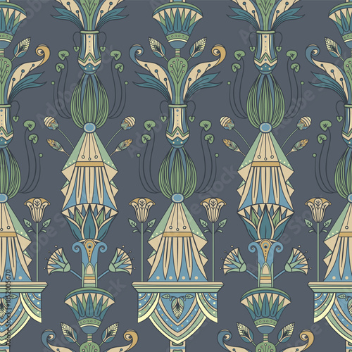 Seamless vector pattern of an ancient Egyptian lotus flower. Hand-drawn retro design in earthy tones, inspired by Egyptology and traditional ornamental motifs. Perfect for textiles, wallpaper, and