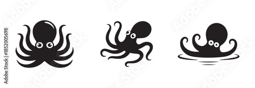 Octopus icon set showing three different cute cartoon sea creatures in silhouette style
