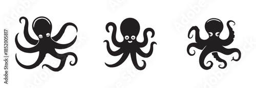 Various octopus vector shapes with expressive eyes and flowing curvy tentacles isolated on white background